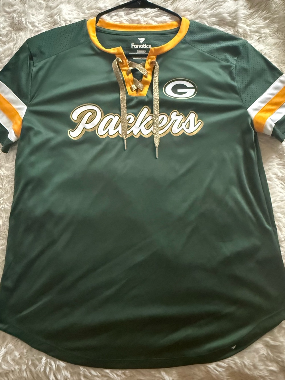 NFL Green Bay Packers Women's gold shimmer Lace Up Jersey Shirt in Green medium
